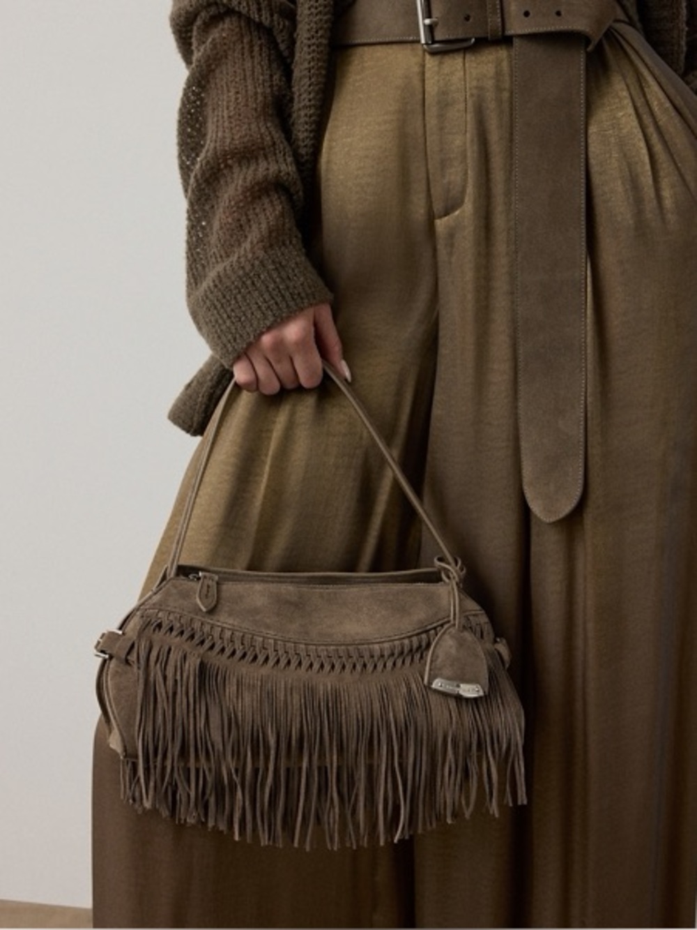 Haute Hippie Olive Green Genuine Suede Tiered Fringe Adjustable Crossbody Bag - Picture 9 of 10